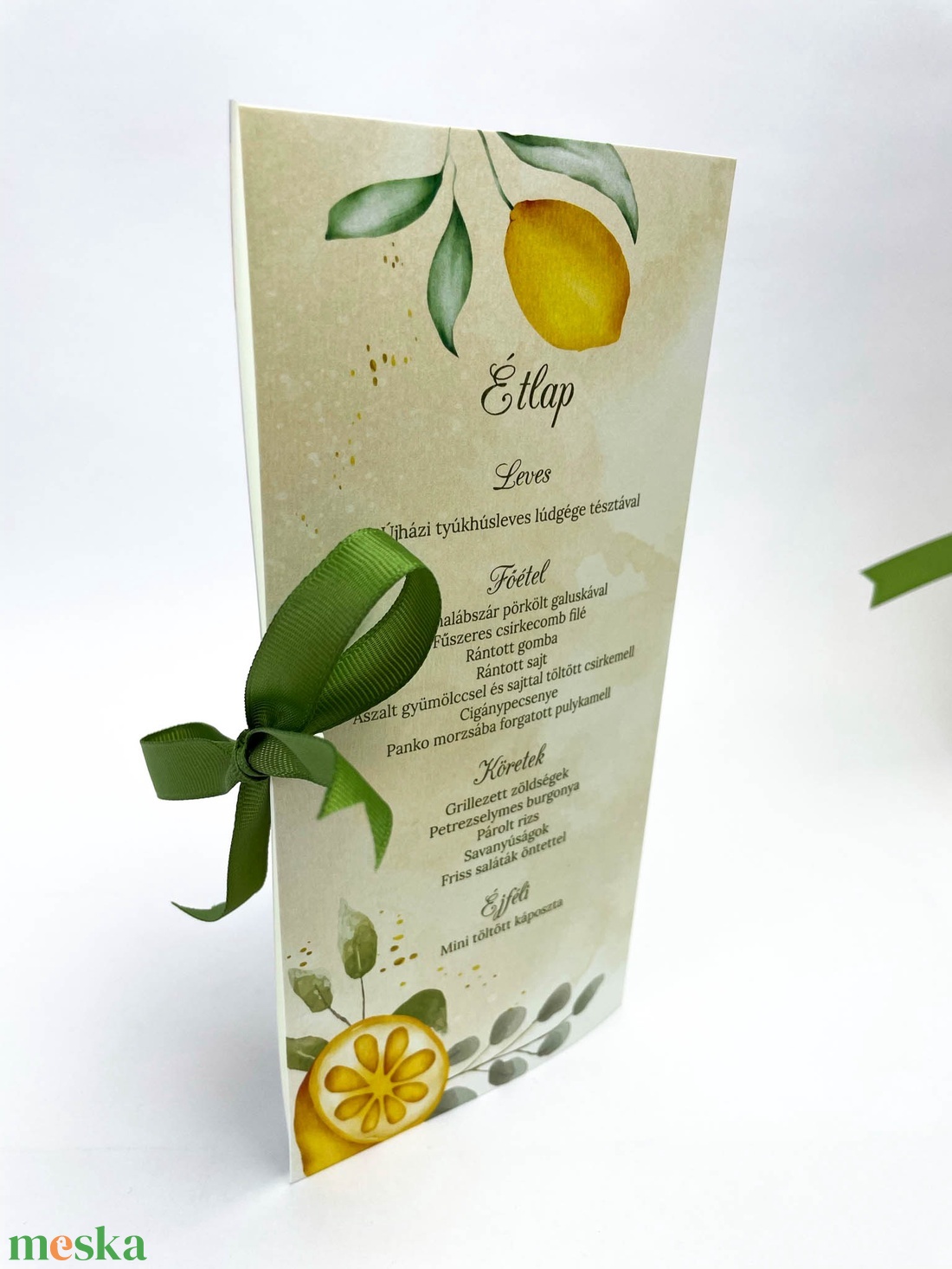 Citromos menü kártya zöld szalaggal - esküvő - meghívó & kártya - menü - Meska.hu