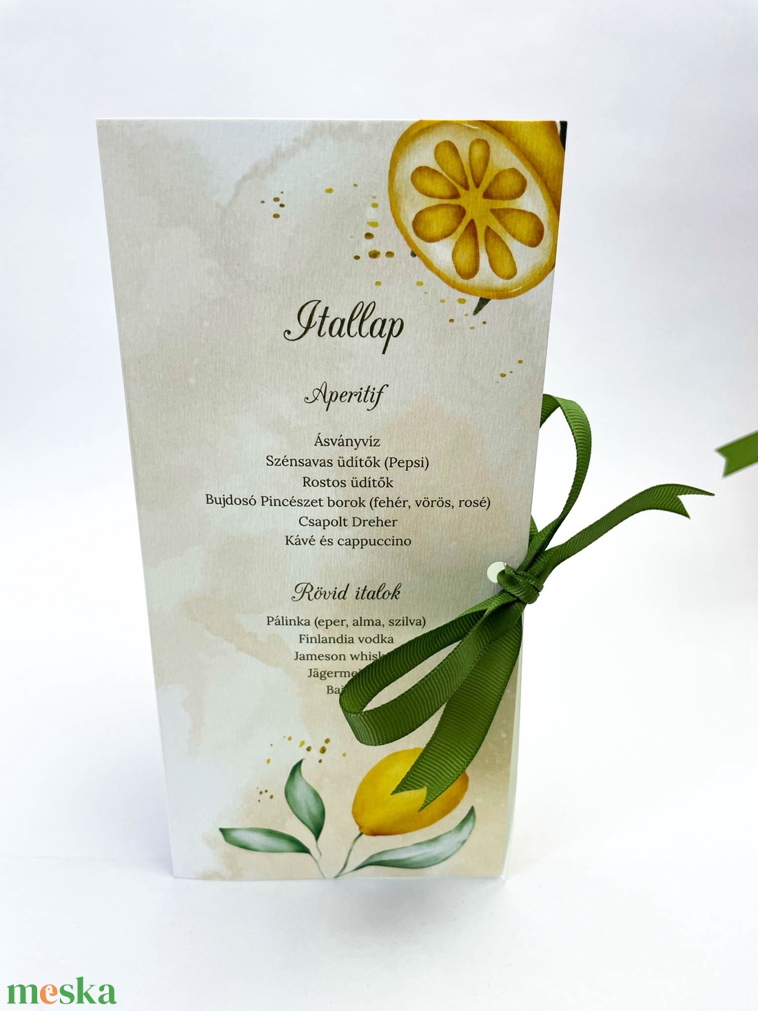 Citromos menü kártya zöld szalaggal - esküvő - meghívó & kártya - menü - Meska.hu