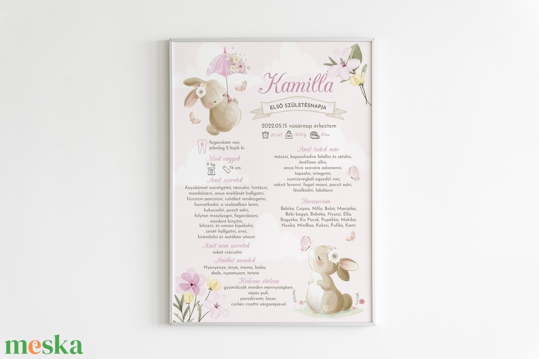 Nyuszis, virágos, rózsaszín babaposzter - otthon & életmód - babaszoba, gyerekszoba - babaszoba kép - Meska.hu