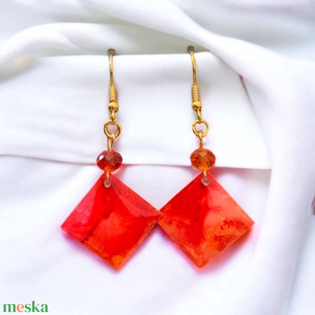 Narancssárga elegáns négyzet fülbevaló - ékszer - fülbevaló - lógó fülbevaló - Meska.hu