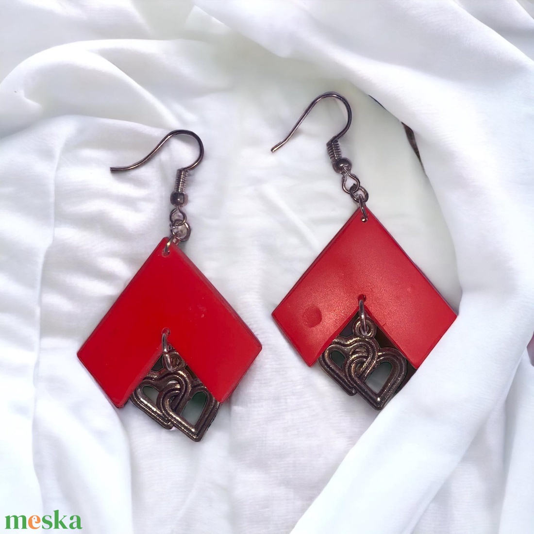 225. Piros duplaszives fülbevaló - ékszer - fülbevaló - lógó fülbevaló - Meska.hu