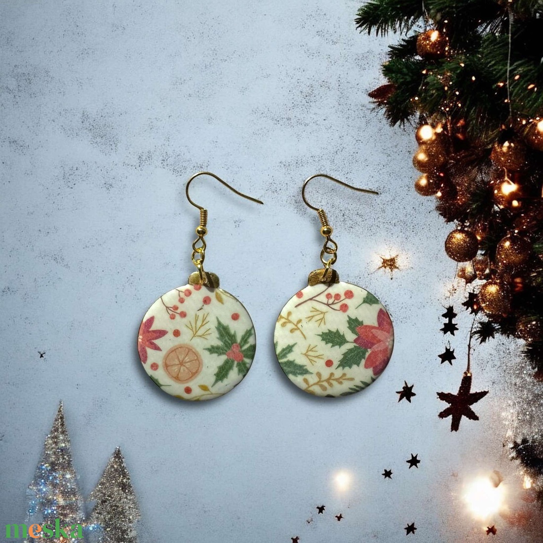 329. Karácsonyi mintás ,mégis egyszerű kerek fülbevaló - ékszer - fülbevaló - lógós kerek fülbevaló - Meska.hu