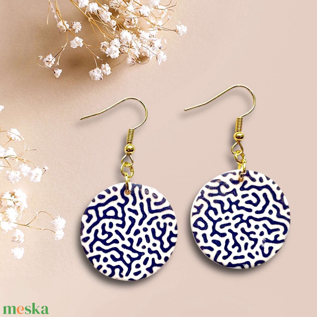 422. Sötétkék mintás fülbevaló - ékszer - fülbevaló - lógó fülbevaló - Meska.hu