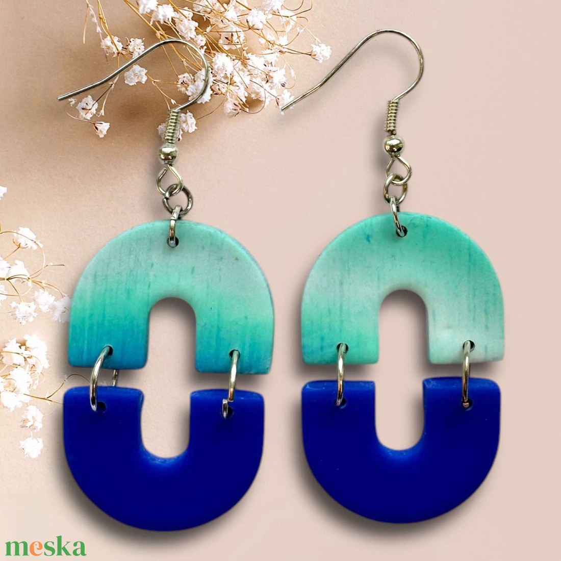 430. Kétrészes ovális alakú színes fülbevaló. - ékszer - fülbevaló - lógó fülbevaló - Meska.hu