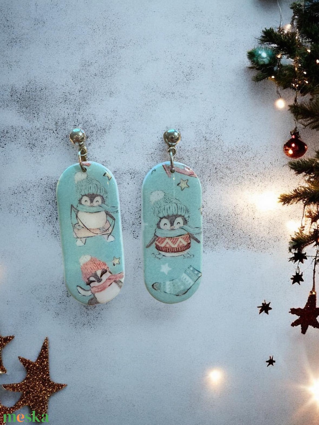 462. Pingvines karácsonyi fülbevaló - ékszer - fülbevaló - lógós kerek fülbevaló - Meska.hu