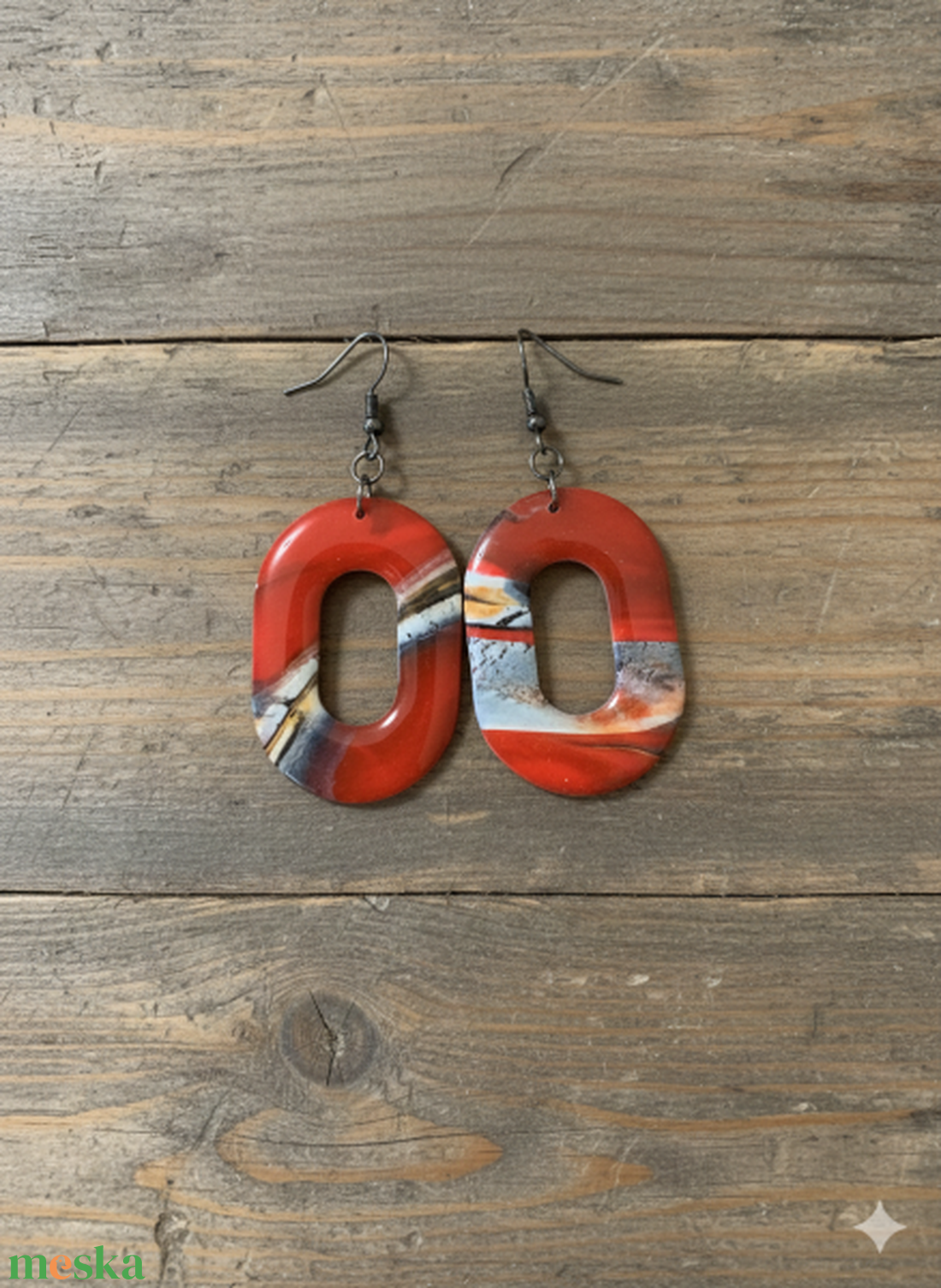 437. Absztrakt Ásványmintás Ovális Fülbevaló � Tüzes Vörös - ékszer - fülbevaló - lógó fülbevaló - Meska.hu