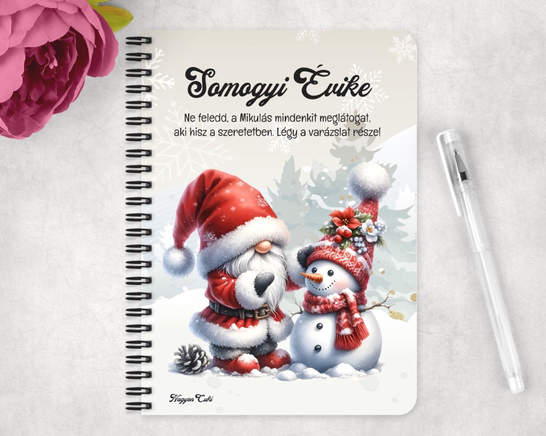 Személyre szabható - Karácsonyi manó és a hóember mintás A5-ös füzet - otthon & életmód - papír, írószer - jegyzetfüzet & napló - Meska.hu