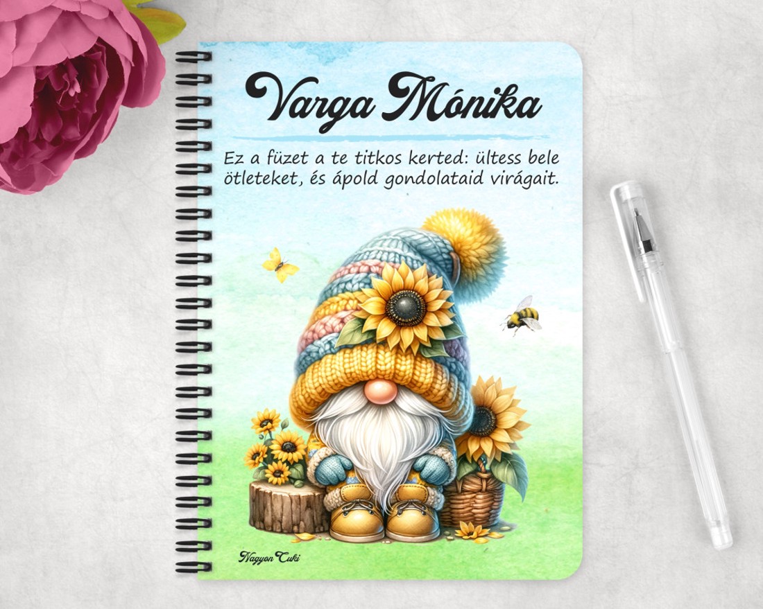 Személyre szabható - Ülő napraforgós manó mintás A5-ös füzet - otthon & életmód - papír, írószer - jegyzetfüzet & napló - Meska.hu