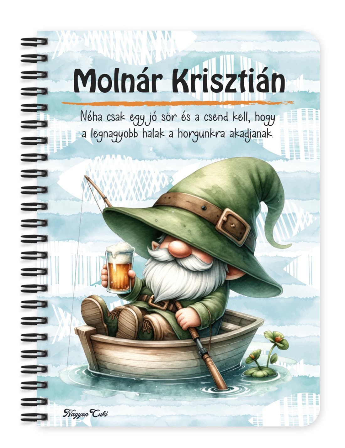 Személyre szabható - Horgász manó és egy korsó sör mintás A5-ös füzet - otthon & életmód - papír, írószer - jegyzetfüzet & napló - Meska.hu