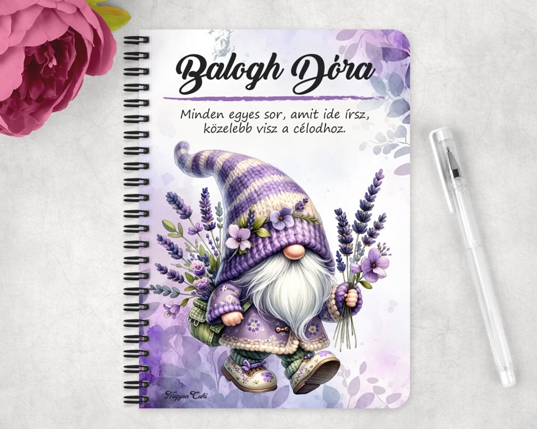 Személyre szabható - Kalandor Levendulás manó mintás A6-os füzet - otthon & életmód - papír, írószer - jegyzetfüzet & napló - Meska.hu