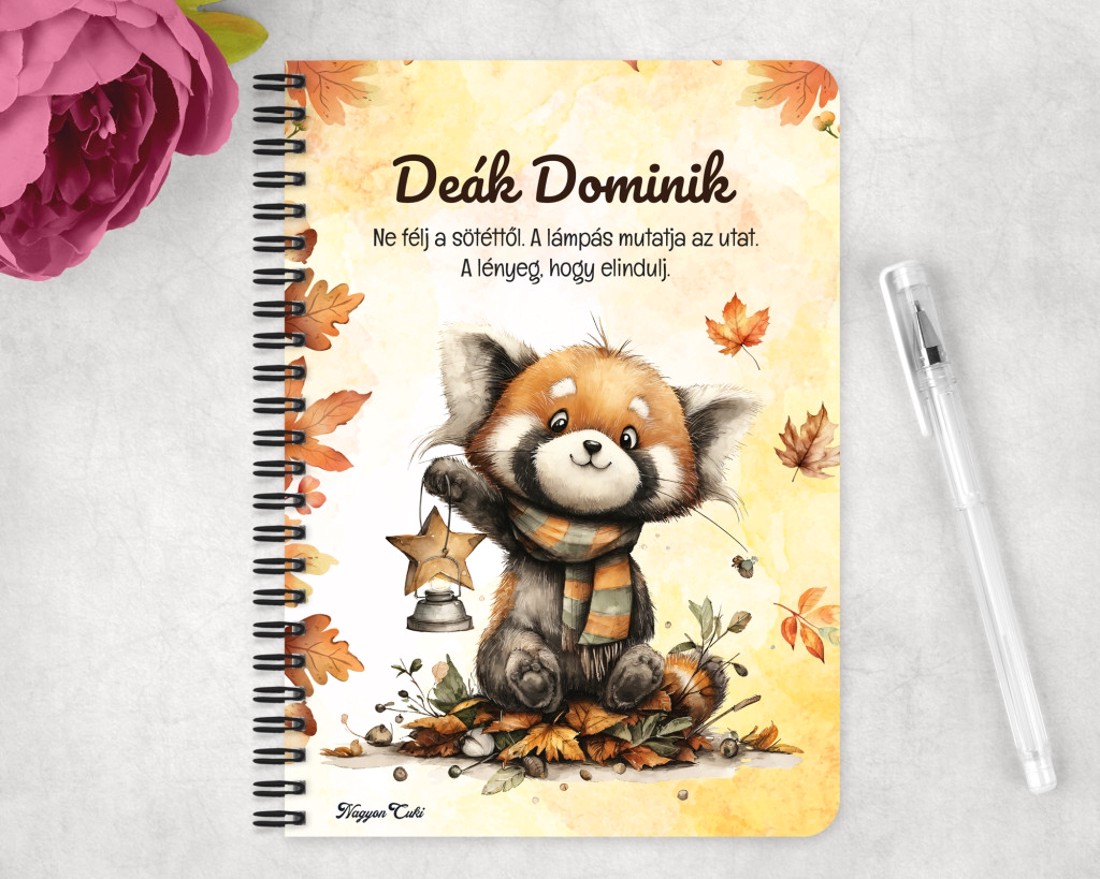 Személyre szabható - Cuki őszi vöröspanda és a lámpás mintás A5-ös füzet - otthon & életmód - papír, írószer - jegyzetfüzet & napló - Meska.hu