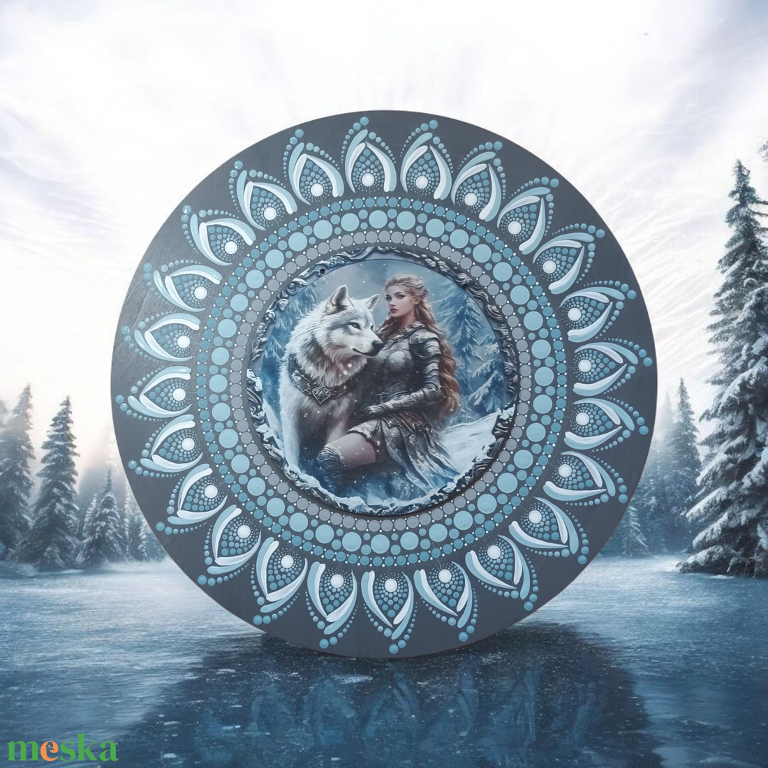 Egyedi mandala, nyomtatott fa középpel, szürke alapra festve fehér és kék árnyalatokkal festve  - otthon & életmód - dekoráció - spiritualitás - mandala - Meska.hu