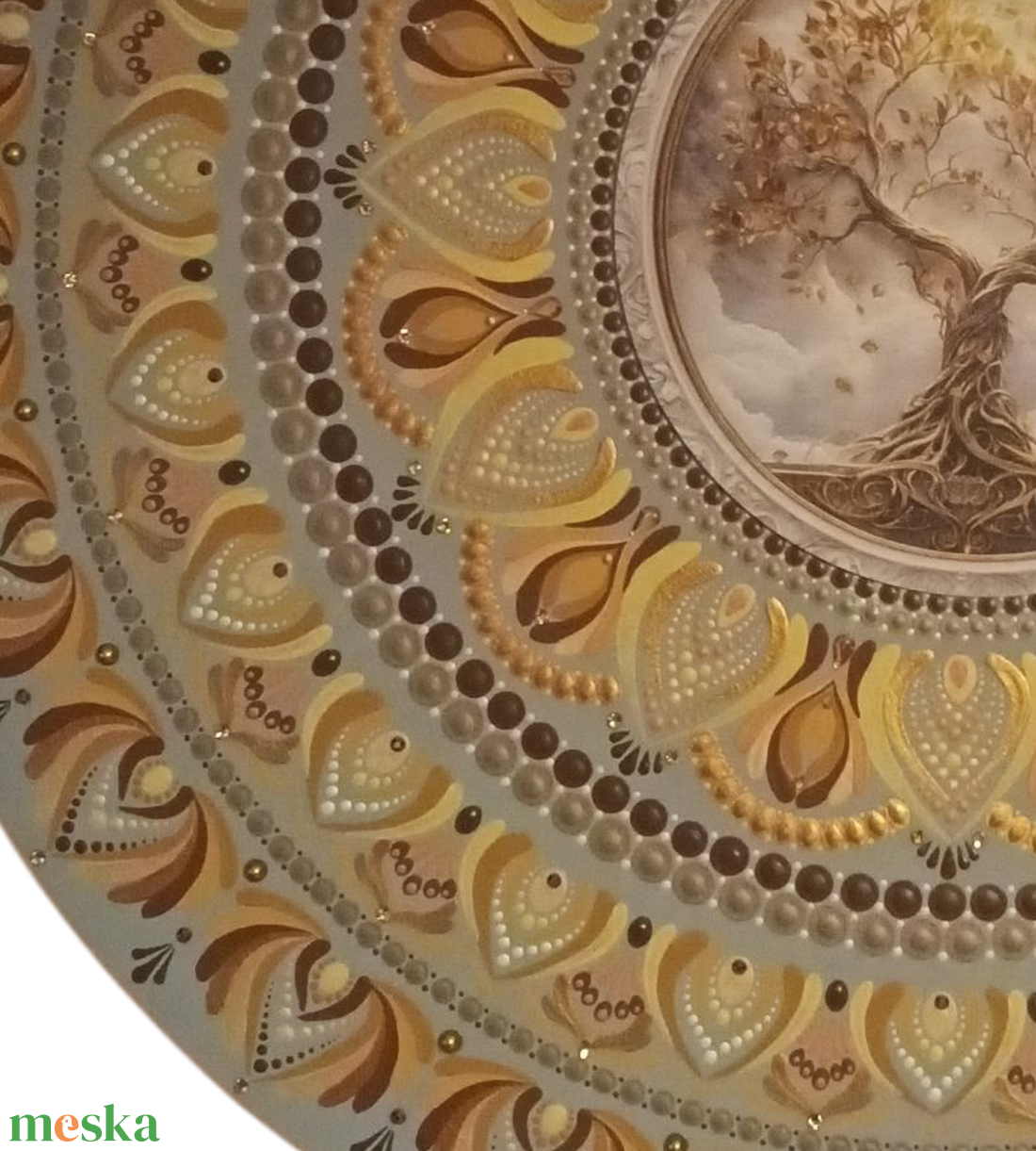 Egyedi mandala, nyomtatott fa középpel, világosbarna alapra festve sárga és barna árnyalatokkal festve  - otthon & életmód - dekoráció - spiritualitás - mandala - Meska.hu