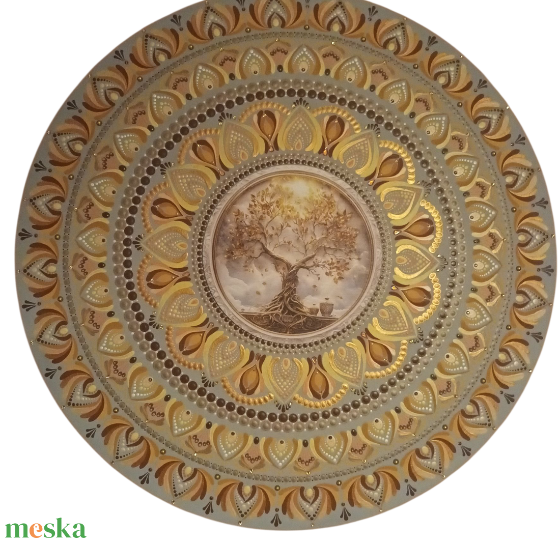 Egyedi mandala, nyomtatott fa középpel, világosbarna alapra festve sárga és barna árnyalatokkal festve  - otthon & életmód - dekoráció - spiritualitás - mandala - Meska.hu