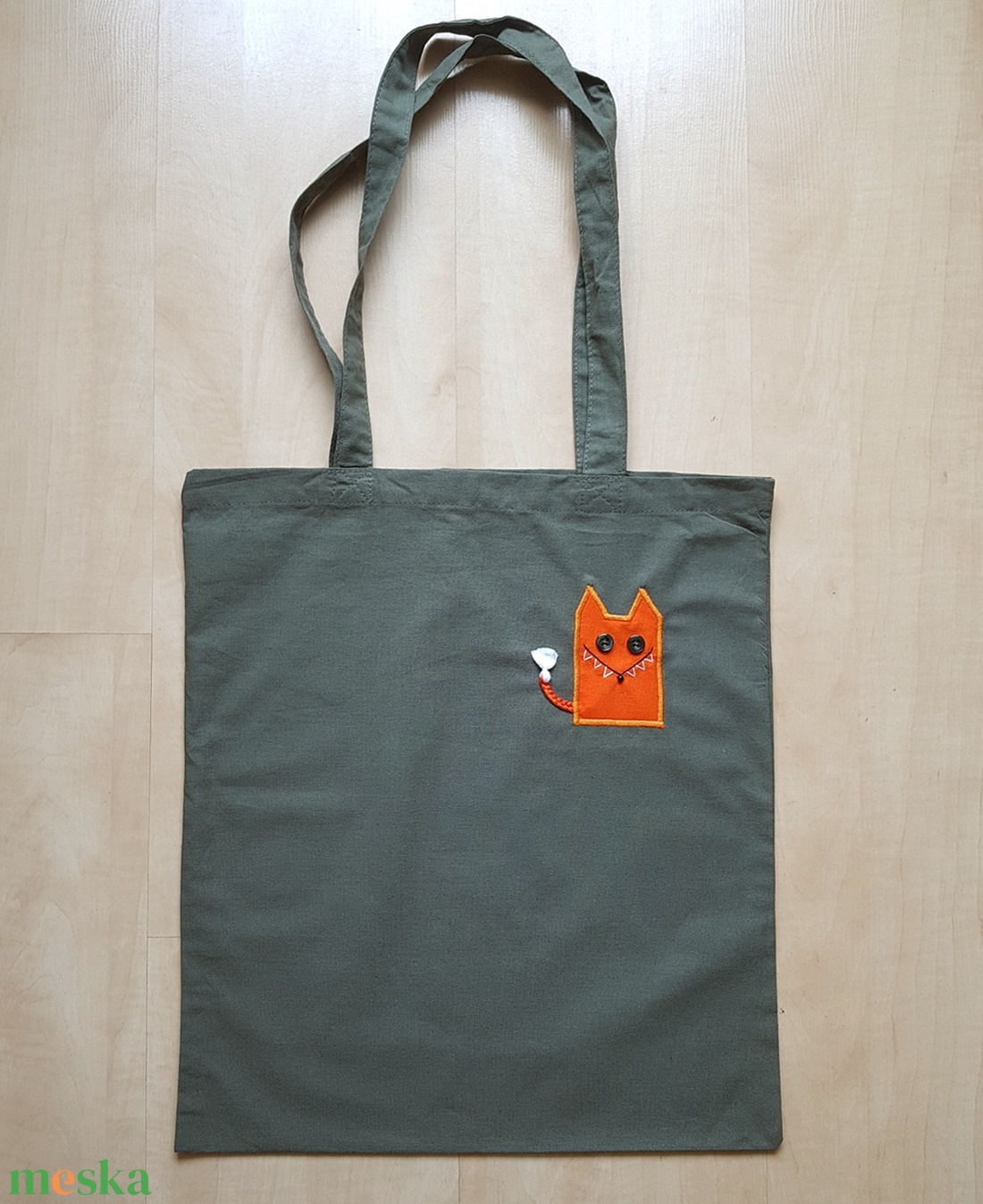 Hosszúfülű olajzöld szatyor narancsvörös rókával - táska & tok - bevásárlás & shopper táska - shopper, textiltáska, szatyor - Meska.hu Hosszúfülű olajzöld szatyor narancsvörös rókával - táska & tok - bevásárlás & shopper táska - shopper, textiltáska, szatyor - Meska.hu