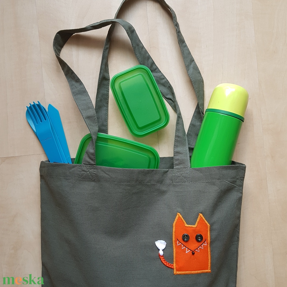Hosszúfülű olajzöld szatyor narancsvörös rókával - táska & tok - bevásárlás & shopper táska - shopper, textiltáska, szatyor - Meska.hu Hosszúfülű olajzöld szatyor narancsvörös rókával - táska & tok - bevásárlás & shopper táska - shopper, textiltáska, szatyor - Meska.hu