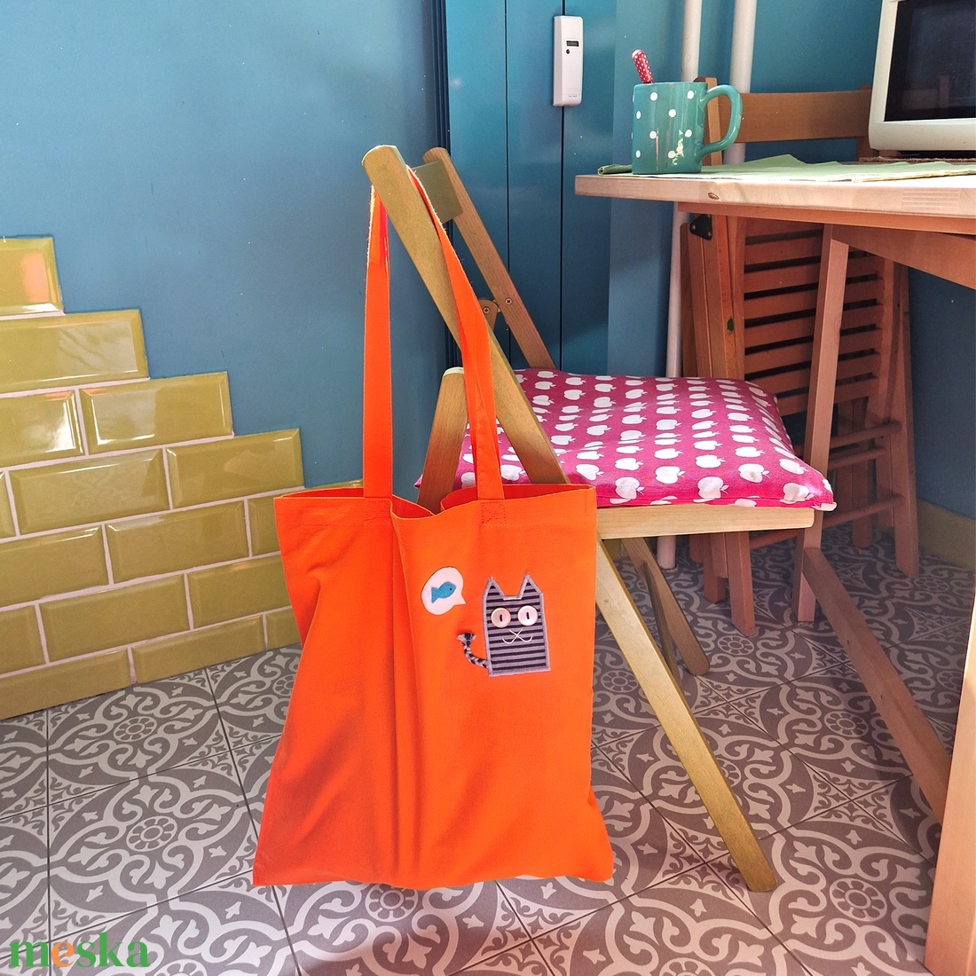 Mire gondol a cirmos cica? - Hosszúfülű narancssárga szatyor - táska & tok - bevásárlás & shopper táska - shopper, textiltáska, szatyor - Meska.hu