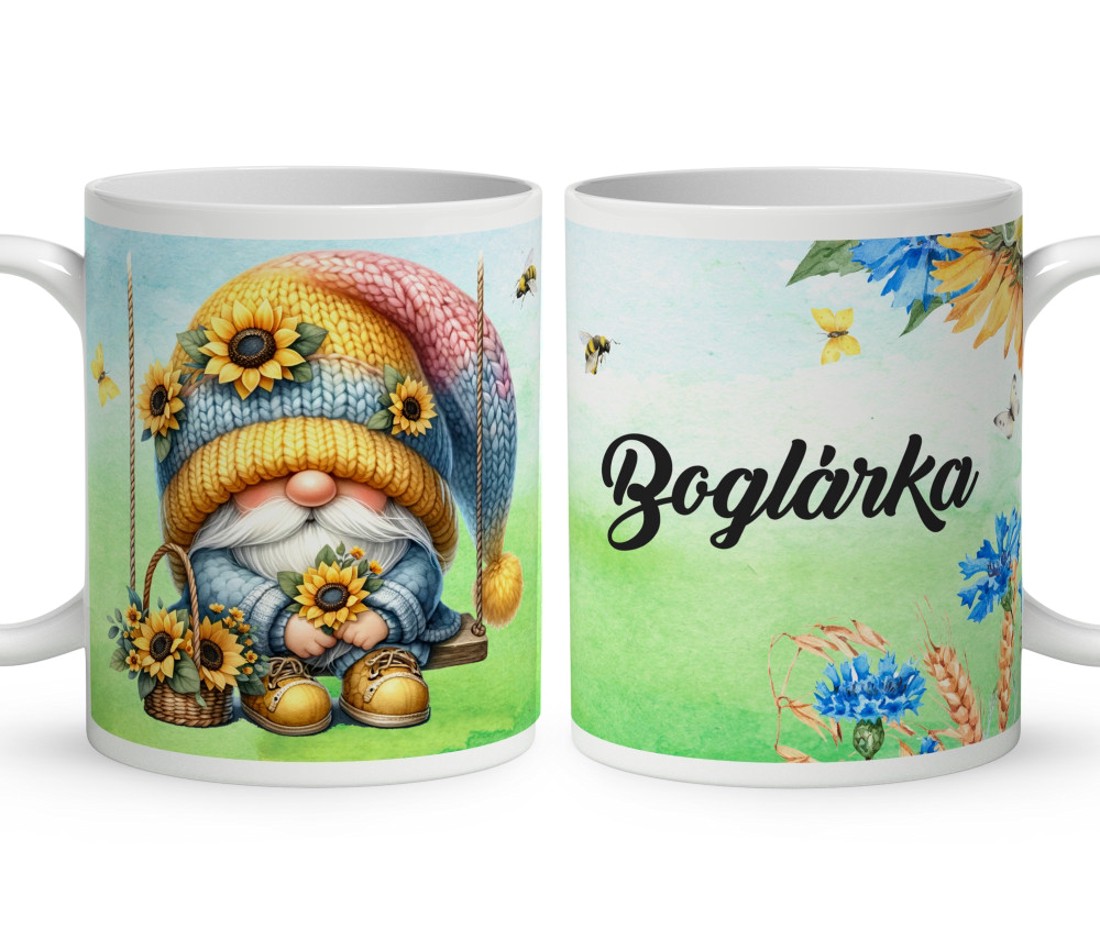 Névvel kérhető - Hintázó napraforgós manó mintás bögre - otthon & életmód - konyhafelszerelés, tálalás - tálalás - bögre & csésze - Meska.hu