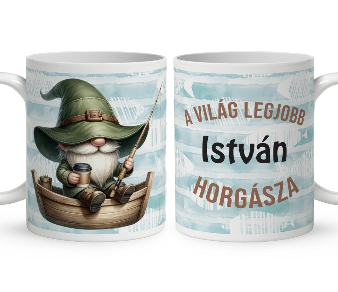 Névvel kérhető - Csónakos horgász manó és kávé mintás bögre - otthon & életmód - konyhafelszerelés, tálalás - tálalás - bögre & csésze - Meska.hu