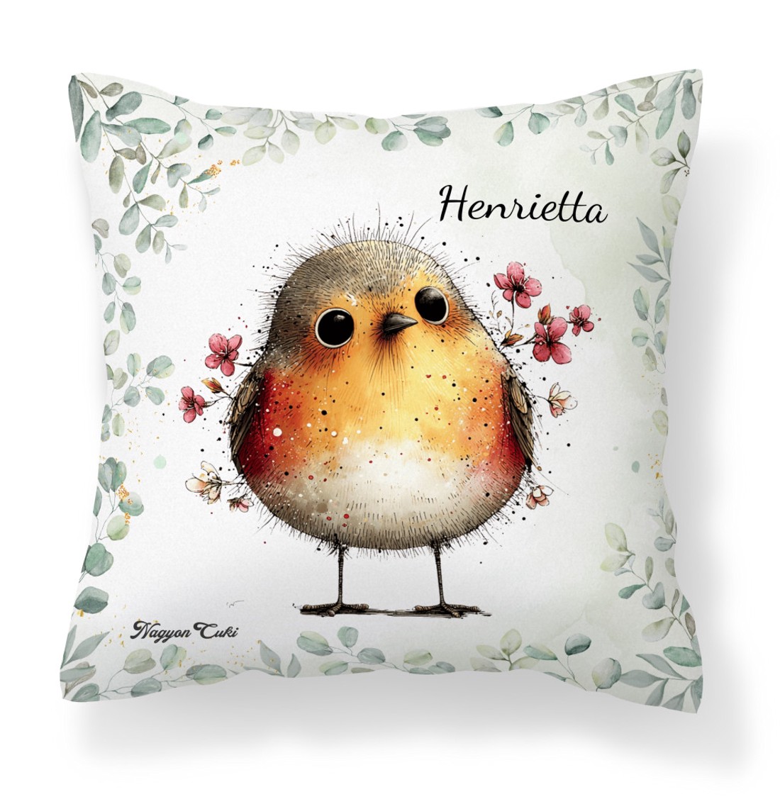 Névvel kérhető - Cuki vörösbegy, a barátságos kertész mintás párna - otthon & életmód - lakástextil - párna & párnahuzat - díszpárna (belsővel együtt) - Meska.hu