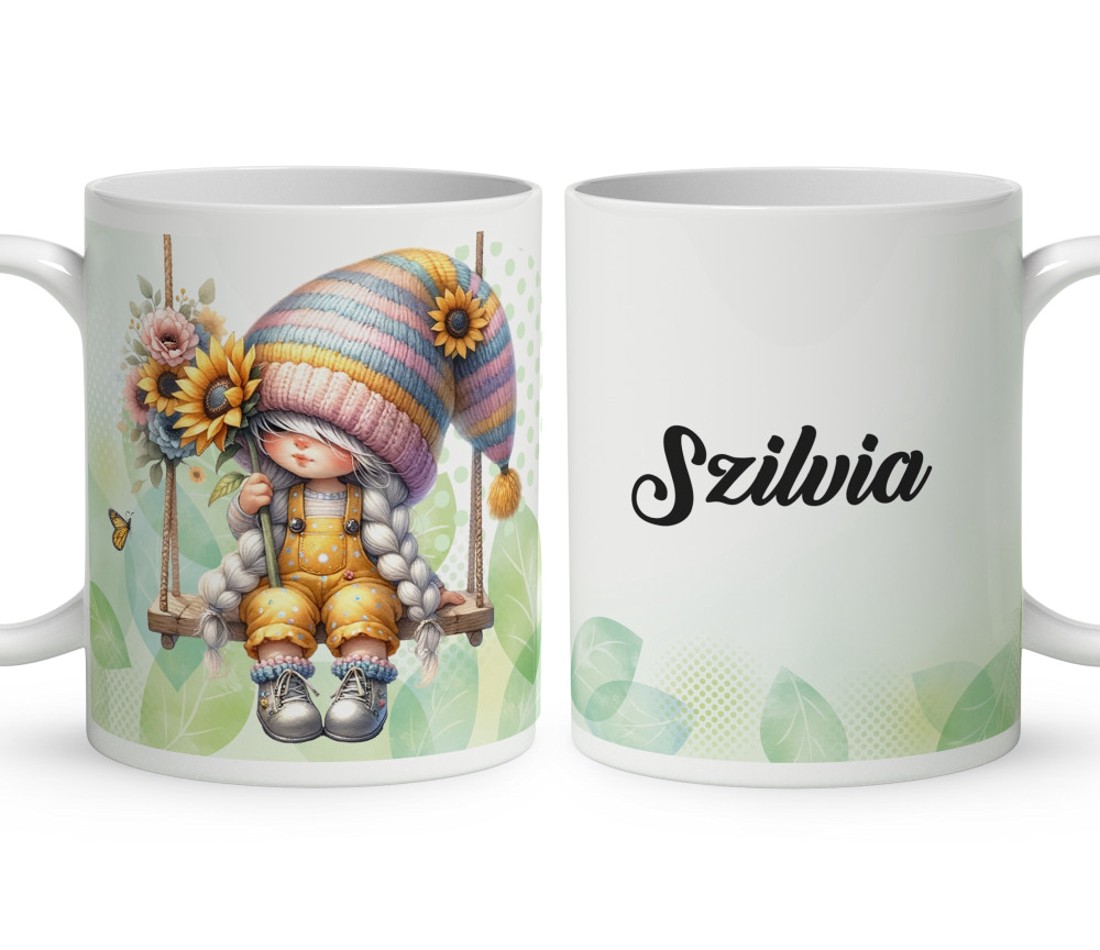 Névvel kérhető - Hintázós napraforgós manó lány mintás bögre - otthon & életmód - konyhafelszerelés, tálalás - tálalás - bögre & csésze - Meska.hu