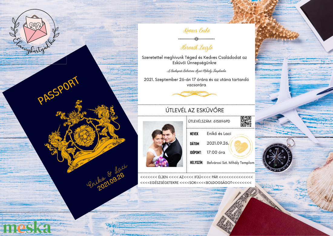 Passport Esküvői Meghívó prémium borítékkal, Útlevél stílusú, Fényképes Modern meghívó, Tengerészkék, Navy, Nyári esküvő akciós termékkép 1