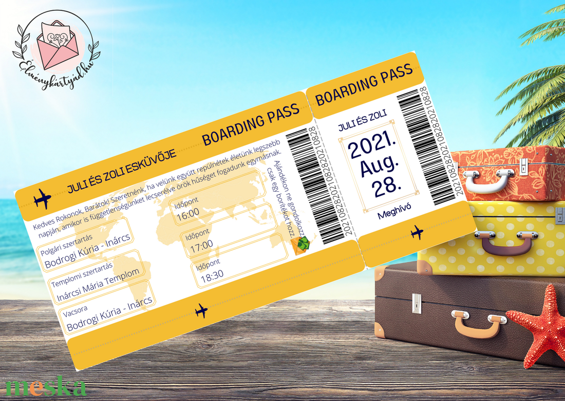Beszállókártya Esküvői Meghívó Prémium Borítékkal, Modern meghívó, Nyári esküvő, Boarding Pass Utazás, Jegy meghívó, akciós termékkép 1