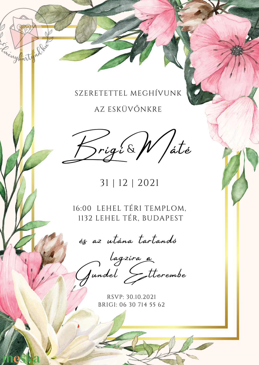Virágos arany keretes esküvői meghívó, geometrikus dupla téglalap elegáns, watercolor virágos esküvői lap, floral  - esküvő - meghívó & kártya - meghívó - Meska.hu