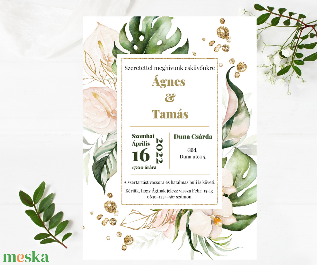 Trópusi virágos, dzsungel témájú elegáns greenery esküvői meghívó arany cseppekkel díszítve, modern ültetőkártya,  - esküvő - meghívó & kártya - meghívó - Meska.hu