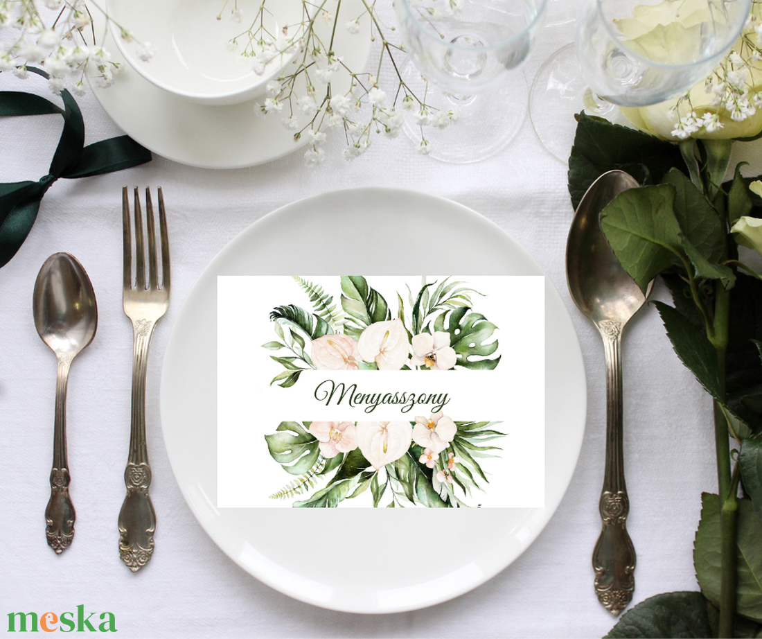 Trópusi virágos, dzsungel témájú elegáns greenery esküvői meghívó arany cseppekkel díszítve, modern ültetőkártya,  - esküvő - meghívó & kártya - meghívó - Meska.hu