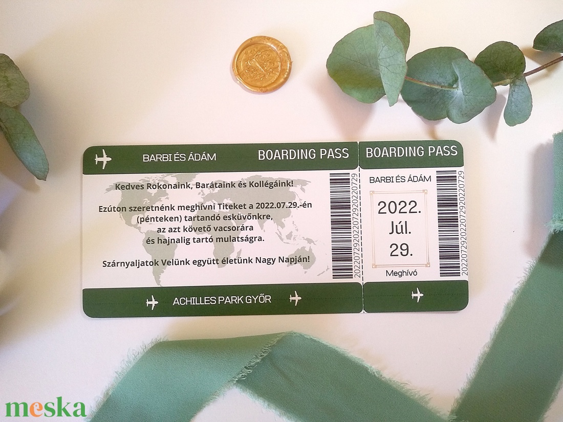 Greenery Beszállókártya Esküvői Meghívó Prémium Borítékkal, Modern meghívó, Nyári esküvő, Boarding Pass Utazás, Jegy akciós termékkép 1