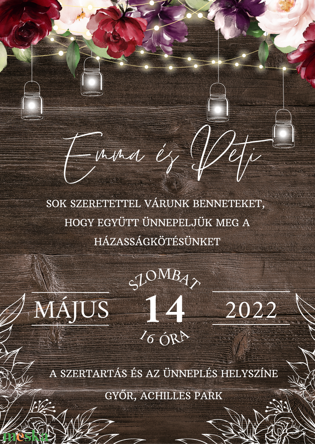 Őszi navy blue rusztikus esküvői meghívó burgundy virágokkal, modern, elegáns rózsás, fényfüzér, természetközeli - esküvő - meghívó & kártya - meghívó - Meska.hu