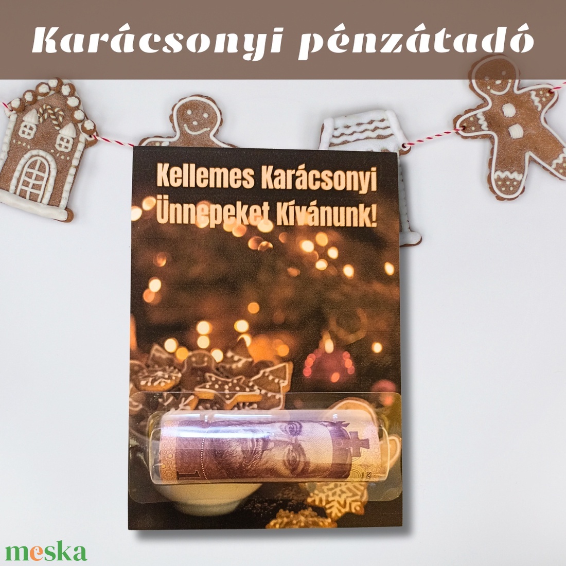 Mézeskalácsos karácsonyi pénzátadó,  pénz képeslap, karácsonyfára akasztható boríték, ajándékkísérő, EGYEDI fotóval is akciós termékkép 1