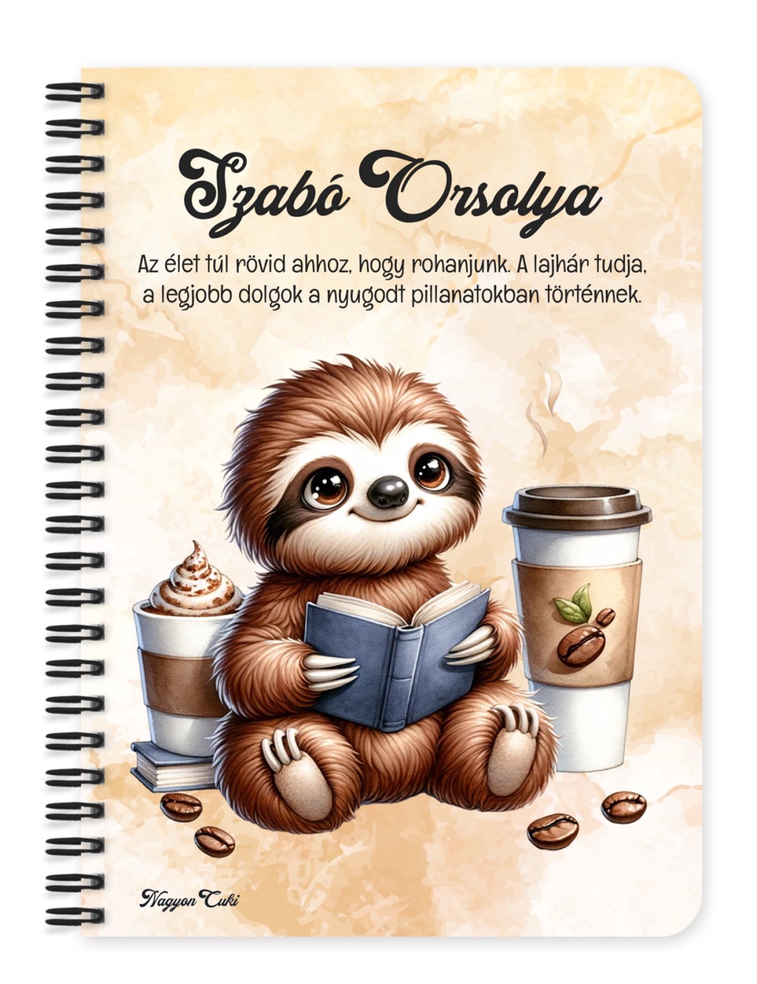 Személyre szabható - Kávés lajhár és egy jó regény mintás A5-ös füzet - otthon & életmód - papír, írószer - jegyzetfüzet & napló - Meska.hu