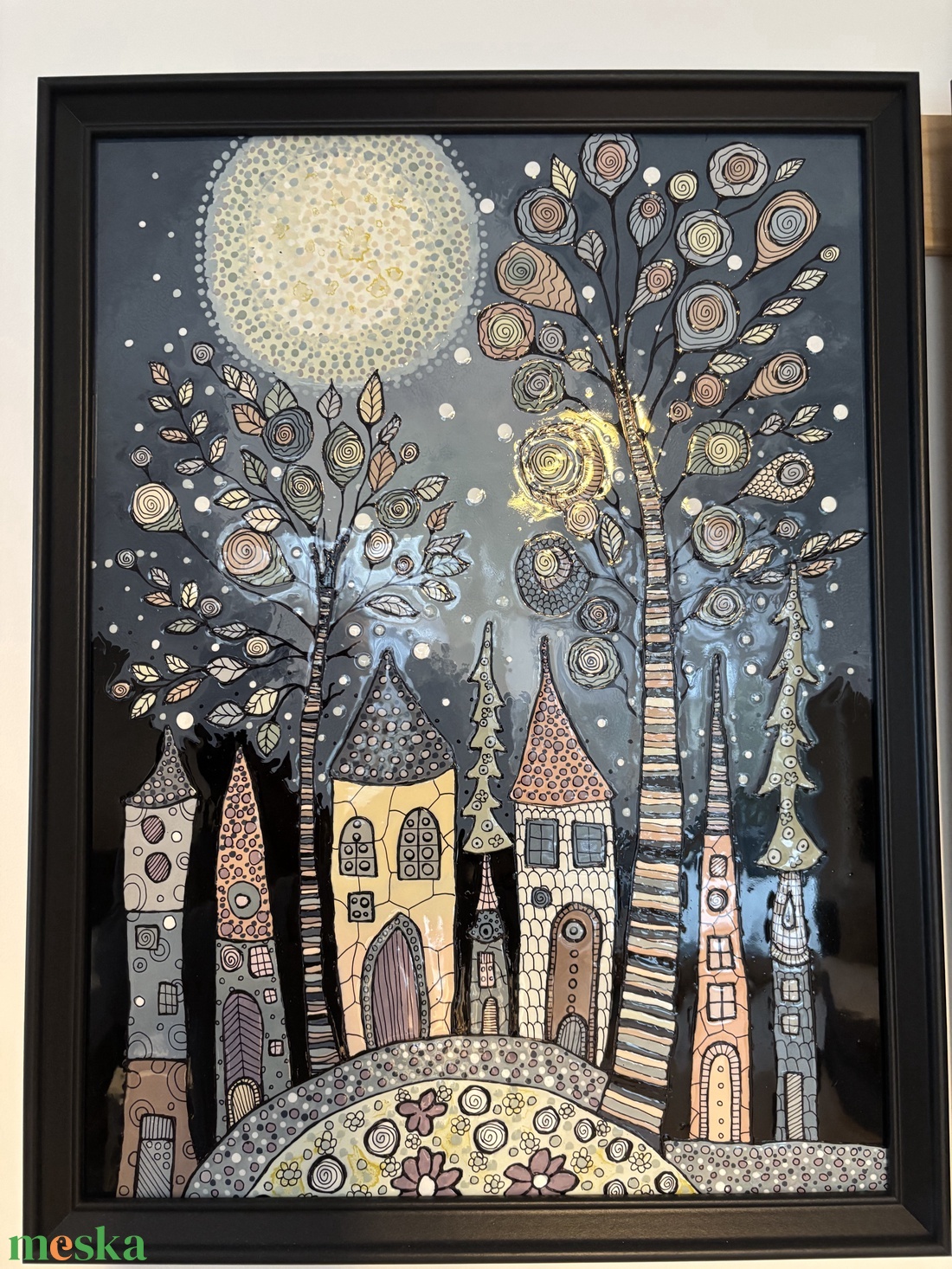 Fák - házak - csillagos égbolt - művészet - festmény - üvegfestmény - Meska.hu