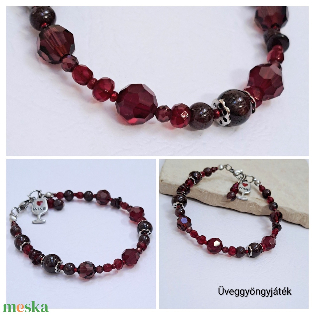 Borvörös karkötő gránát ásvánnyal, Swarovski kristályokkal  - ékszer - karkötő - gyöngyös karkötő - Meska.hu