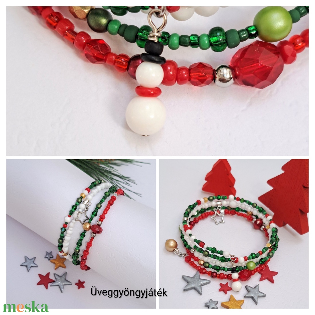 Karácsonyi káosz  - memóriadrótos karkötő zöld, piros, fehér színekben, ünnepi karkötő, kásagyöngyös karkötő - ékszer - karkötő - memóriadrótos karkötő - Meska.hu