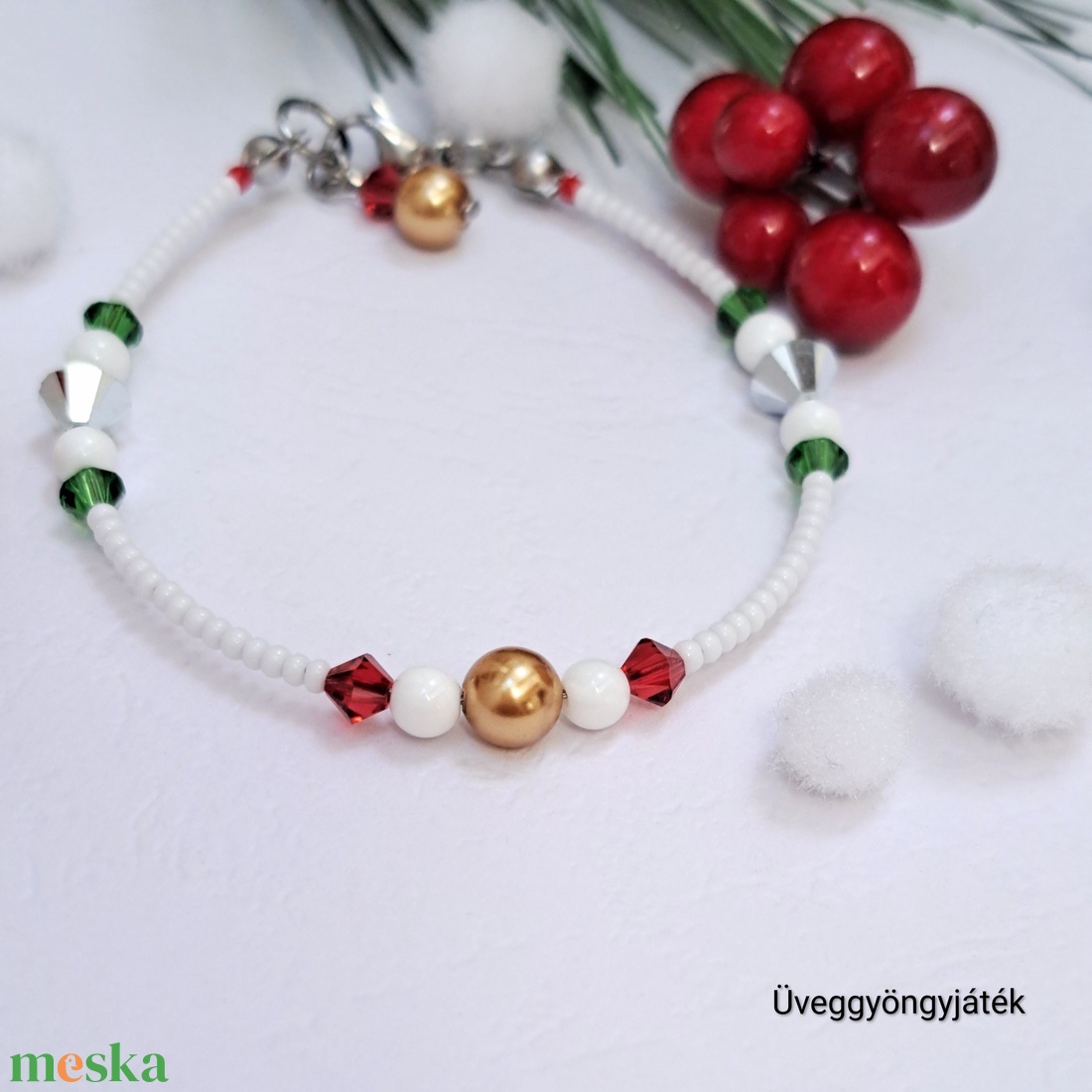 Karkötő Swarovski kristályokkal, karácsonyi színekben  - ékszer - karkötő - gyöngyös karkötő - Meska.hu