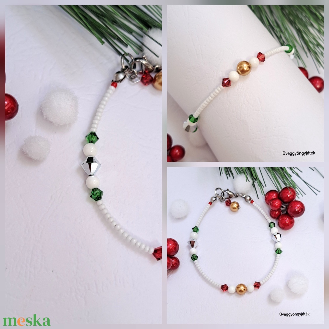 Karkötő Swarovski kristályokkal, karácsonyi színekben  - ékszer - karkötő - gyöngyös karkötő - Meska.hu