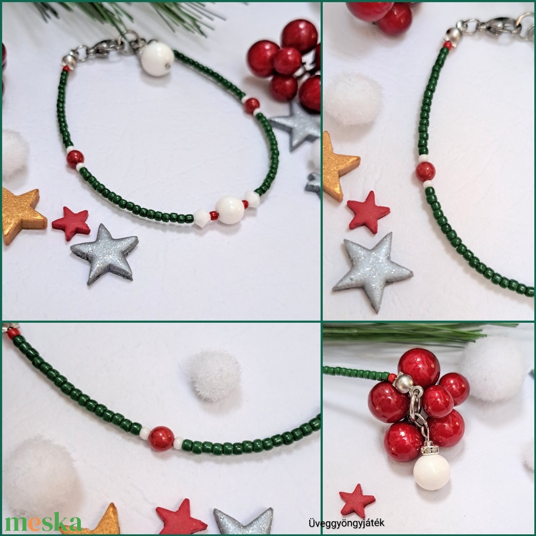 Vékony karkötő, Swarovski kristályokkal, kagylóhéj gyöngyökkel, karácsonyi színekben  - ékszer - karkötő - gyöngyös karkötő - Meska.hu