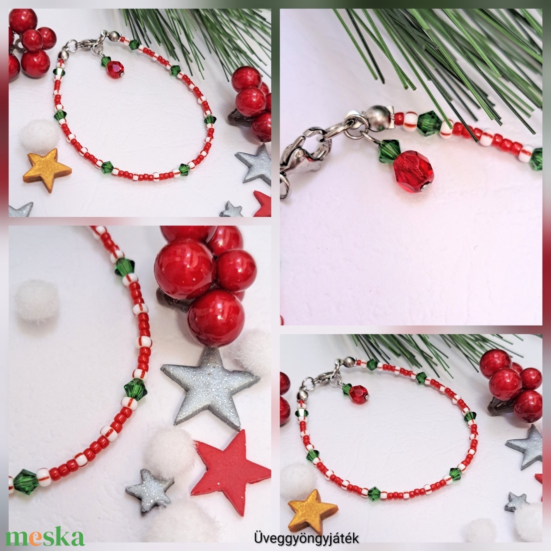 Vékony karkötő karácsonyi színekben, Swarovski kristályokkal, karácsonyi cukorka karácsonyi cukorka  - ékszer - karkötő - gyöngyös karkötő - Meska.hu