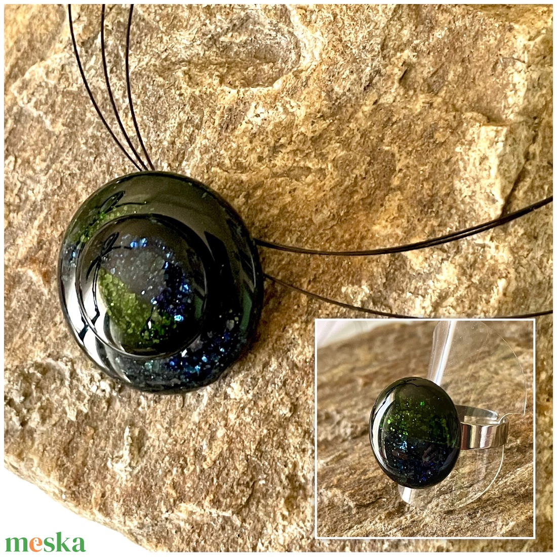 Aventurin zöld és kék gyűrű, üvegékszer -  - Meska.hu