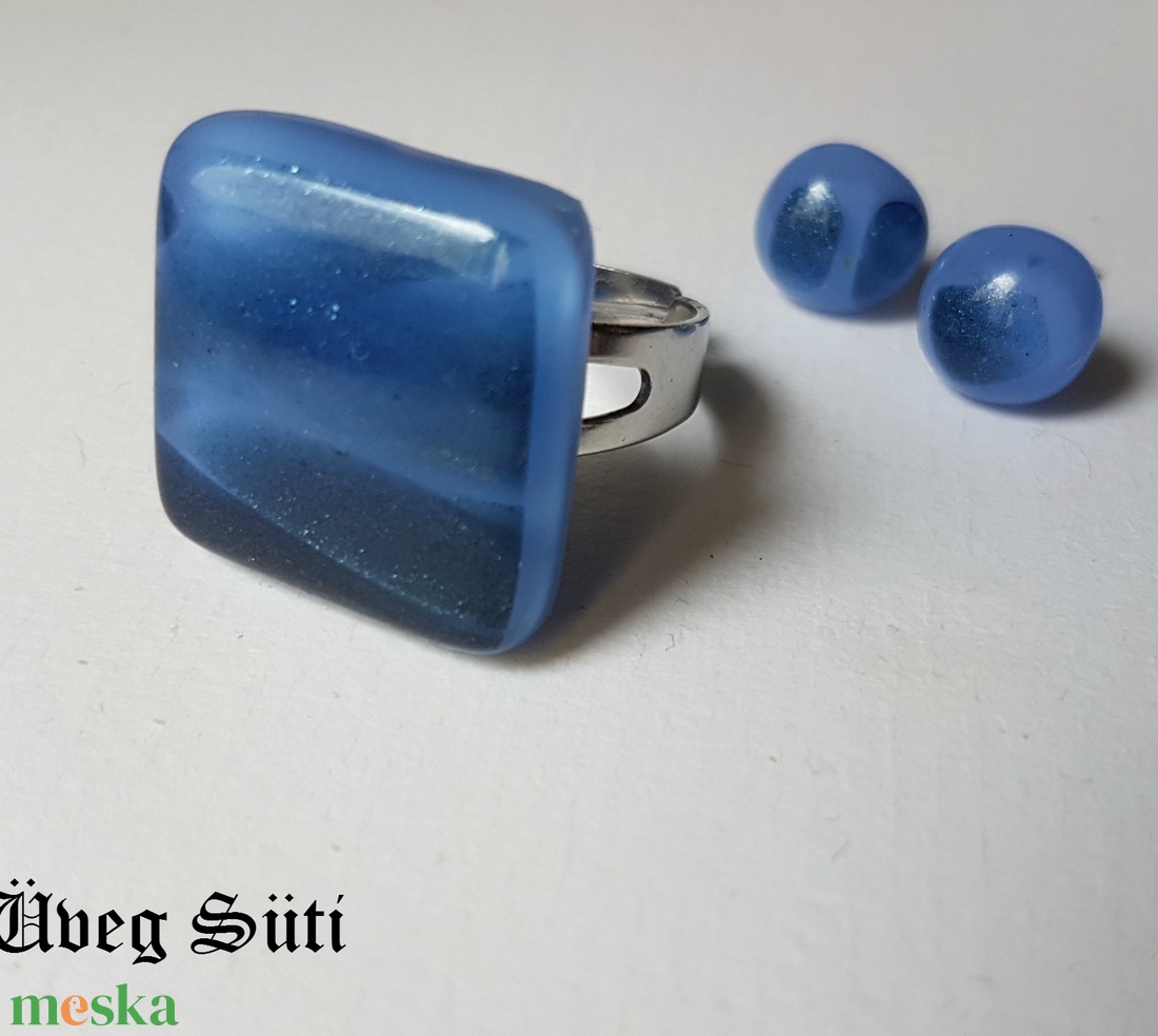 Kék famer gyűrű és fülbevaló  üvegékszer - ékszer - ékszerszett - Meska.hu