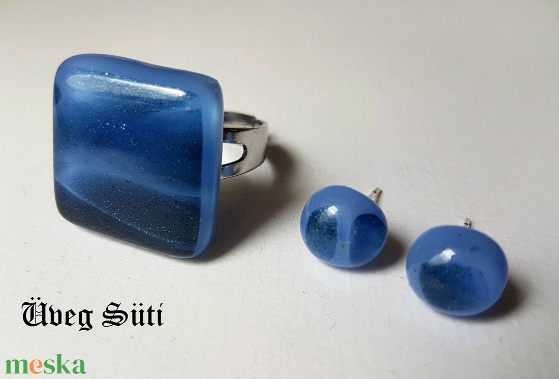 Kék famer gyűrű és fülbevaló  üvegékszer - ékszer - ékszerszett - Meska.hu