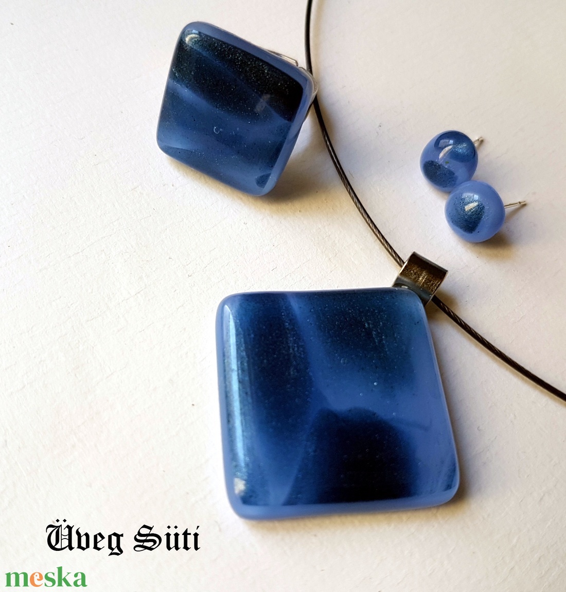 Kék famer gyűrű és fülbevaló  üvegékszer - ékszer - ékszerszett - Meska.hu