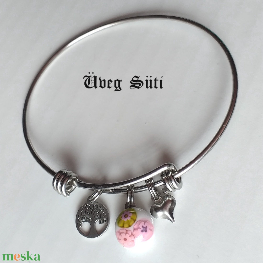 NEMESACÉL Tavasz   rózsaszin zöld  virágos karkötő szvecskés életfa medálokkal  üvegékszer  ajándékba, personalised,  - ékszer - karkötő - charm karkötő - Meska.hu