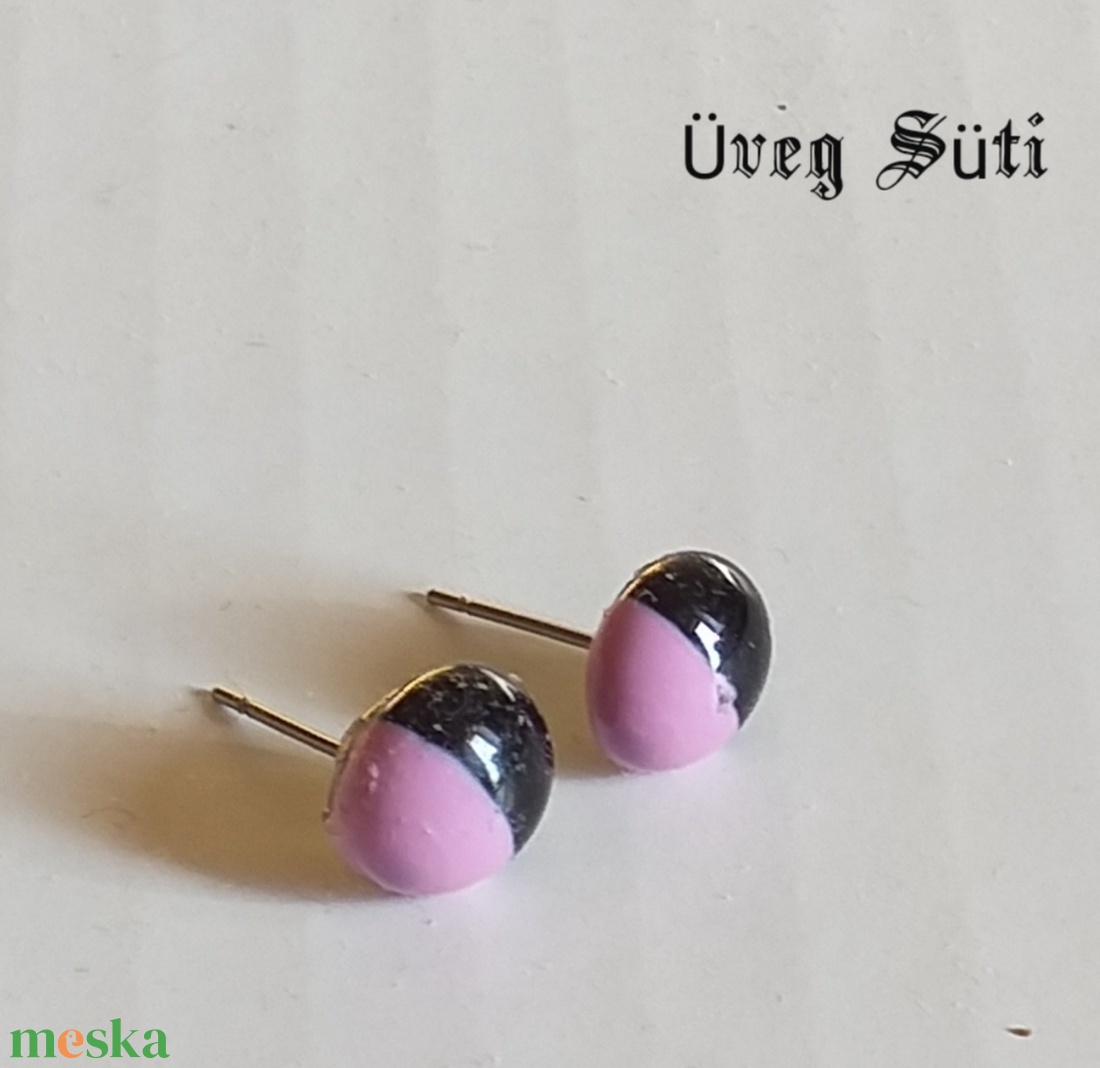 NEMESACÉL Duocolor fülbevaló  fekete, rózsaszin üvegékszer nemesacél szerelékkel ajndék  - ékszer - fülbevaló - pötty fülbevaló - Meska.hu