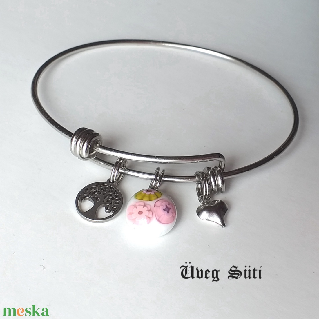 NEMESACÉL Tavasz   rózsaszin zöld  virágos karkötő szvecskés életfa medálokkal  üvegékszer  ajándékba, personalised,  - ékszer - karkötő - charm karkötő - Meska.hu
