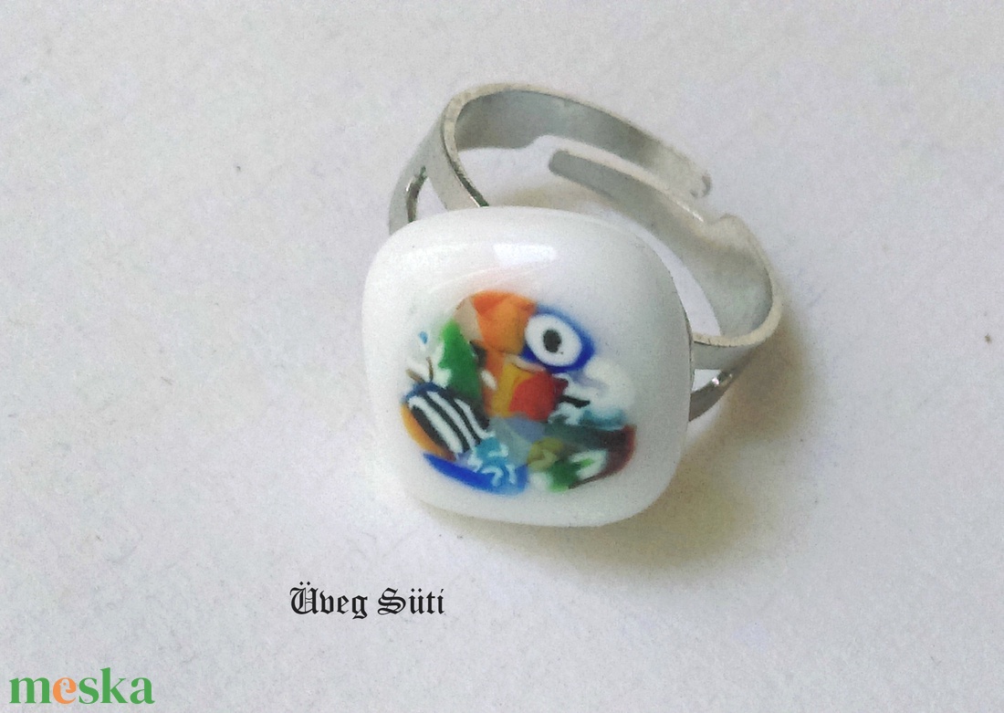 Fehér festmény gyűrű üvegékszer, muránói üveg, ajándék szülinapra - ékszer - gyűrű - figurális gyűrű - Meska.hu