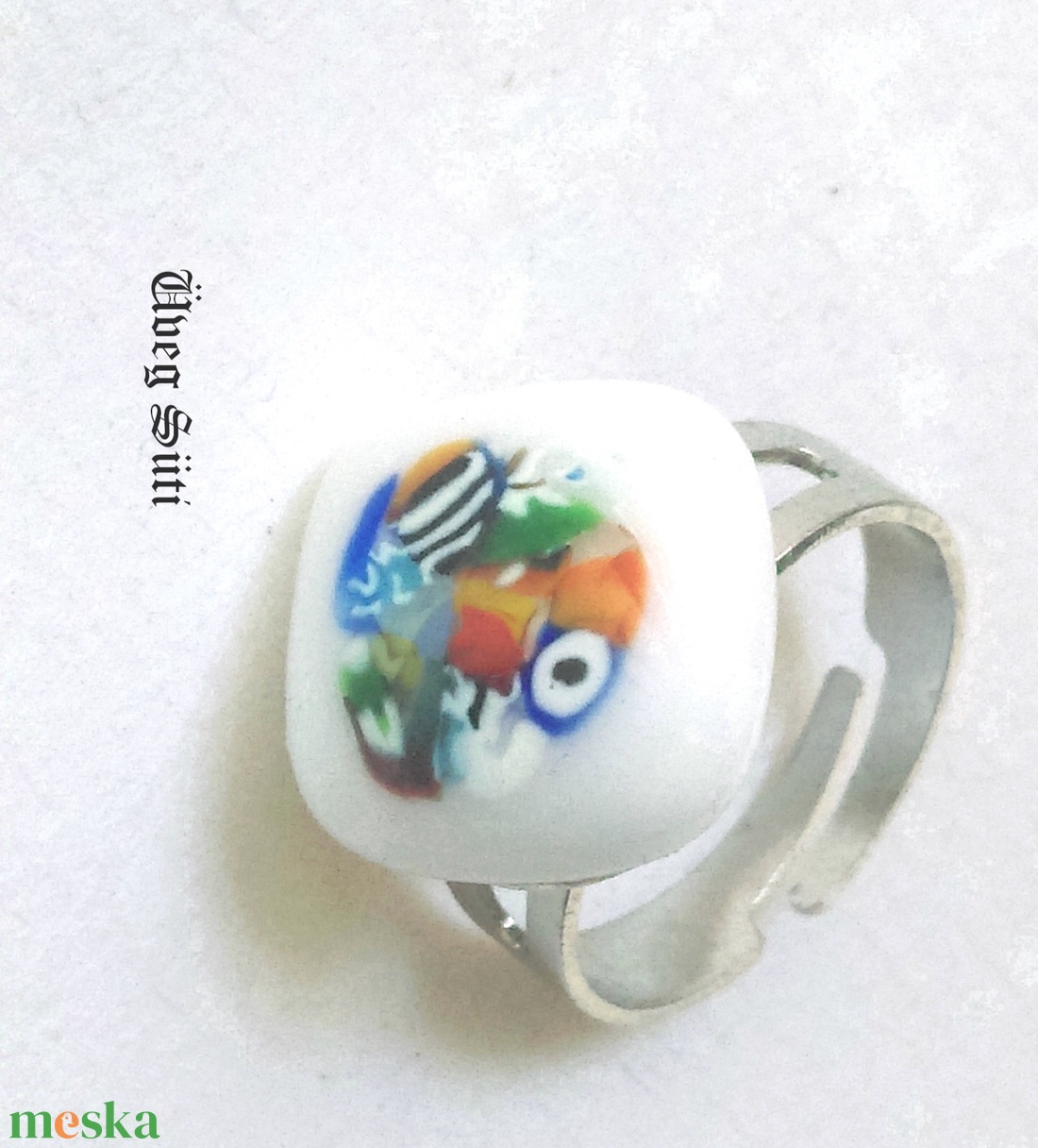 Fehér festmény gyűrű üvegékszer, muránói üveg, ajándék szülinapra - ékszer - gyűrű - figurális gyűrű - Meska.hu